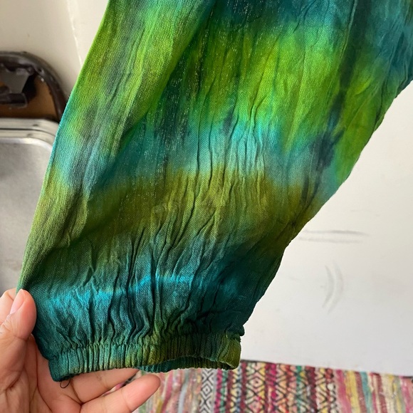 NWT• Made in Nepal Harem Pants Green Tie Dye Boho Festival Cotton Crinkle Genie - Picture 6 of 10